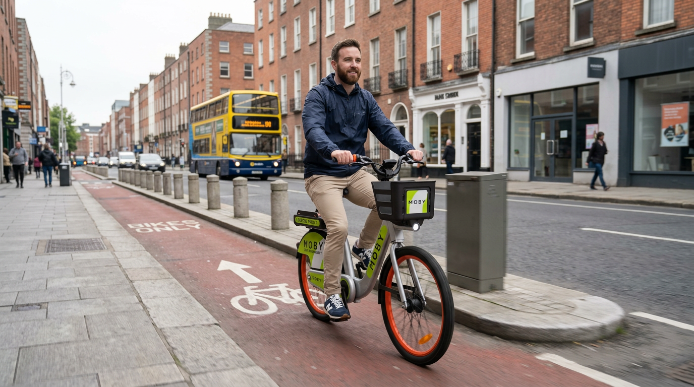 Commuter riding a MOBY through a Dublin bike lane
