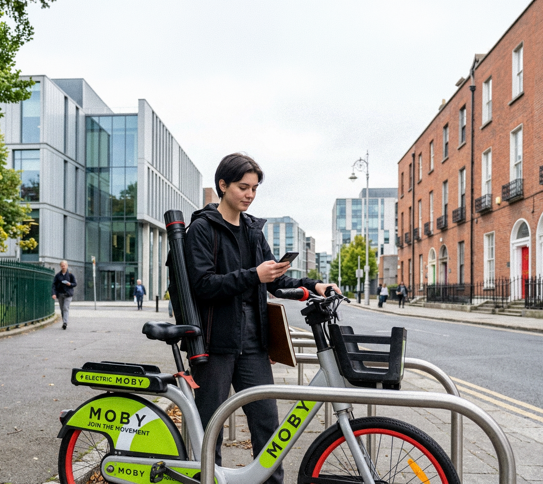 MOBY rider checking the app next to a parked MOBY bike at a Dublin bike stand